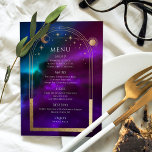 Menu Cosmic violet Turquoise or Sun Moon étoiles Mariag<br><div class="desc">Cosmic Purple Turquoise Gold Sun Moon Stars Space Mariage Les Cartes de menu sont dotées d'un cadre doré soleil, lune et étoiles sur un arrière - plan cosmique coloré et mystique violet, turquoise et bleu avec les détails de votre menu dans le centre dans le script de calligraphie dorée moderne....</div>