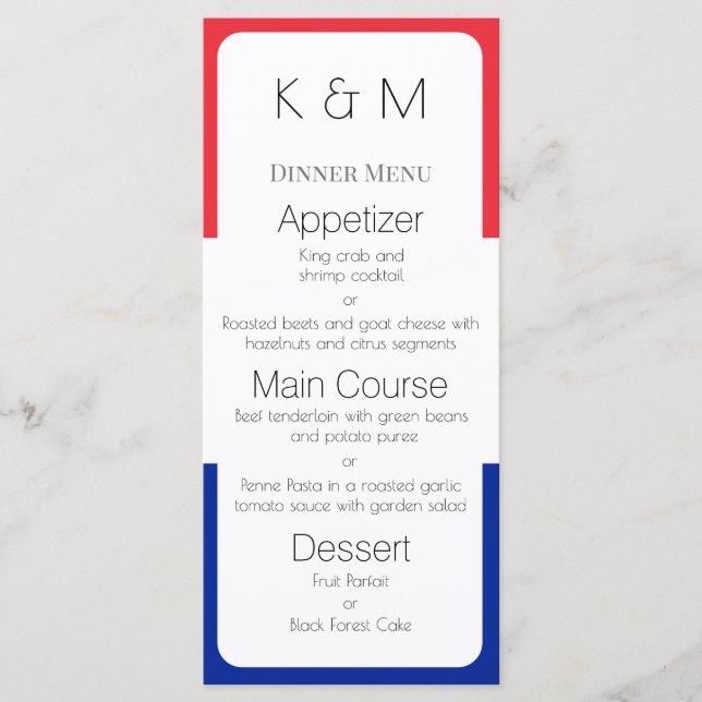 Menu Couleurs du drapeau français Dîner français (Devant)