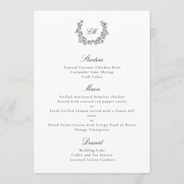 Menu Couronne botanique élégante et luxueuse noir et bl (Devant)