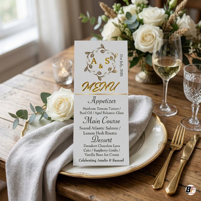 Menu Couronne de laurier dorée élégante Monogramme de m (Créateur téléchargé)
