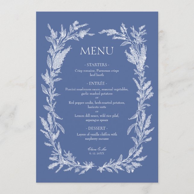 Menu Couronne de mariage botanique bleu poussiéreux boh (Devant)