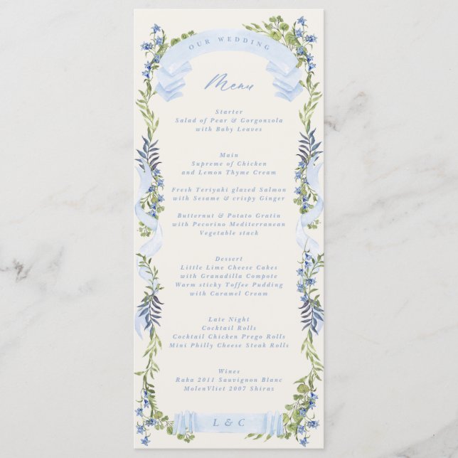 Menu couronne de mariage de jardin bleu et de verdure (Devant)
