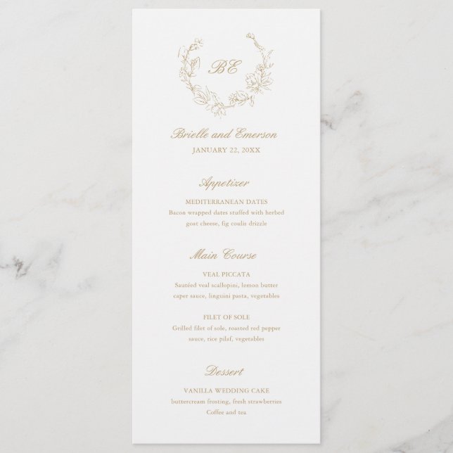 Menu Couronne de mariage élégante monogramme or (Devant)