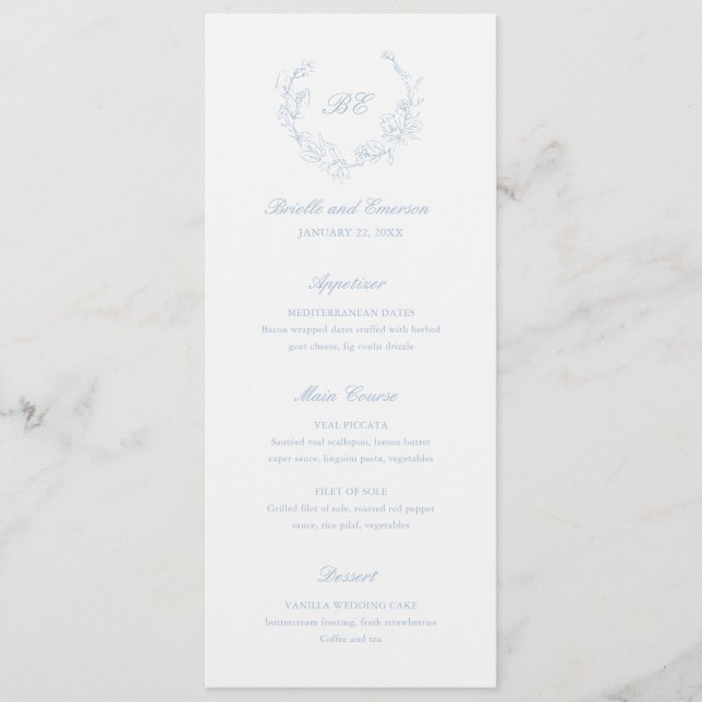 Menu Couronne de monogramme bleu poussiéreux Mariage él (Devant)