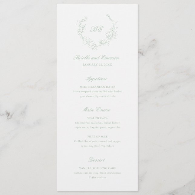 Menu Couronne de monogramme élégant de mariage vert sau (Devant)