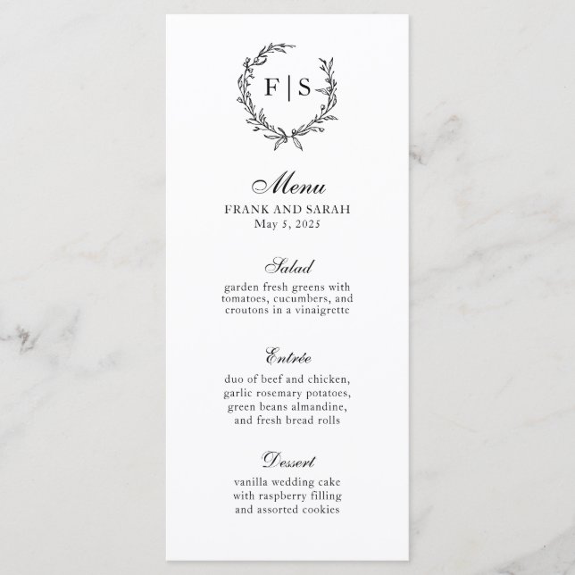 Menu Couronne de monogramme noir et blanc traditionnel  (Devant)