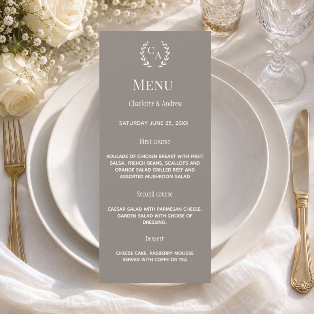 Menu Couronne de monogramme Taupe Ivory classique pour  (Créateur téléchargé)