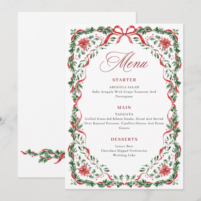 Menu Couronne de Noël Fantaisiste Ruban Rouge pour Dîne (Devant / Derrière)