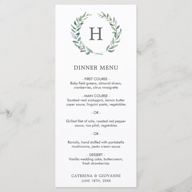 Menu Couronne de verdure à monogramme Élégant mariage (Devant)