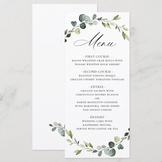 Menu Couronne d'eucalyptus moderne aquarelle mariage bo (Devant / Derrière)