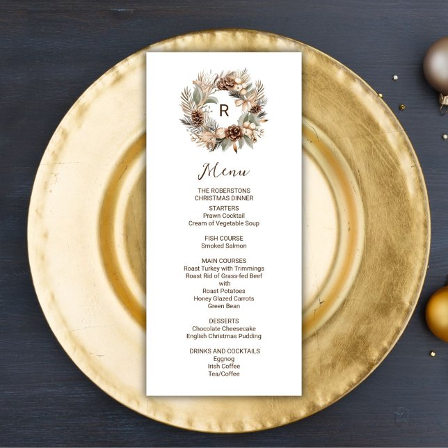 Menu Couronne d'hiver aux pommes de pin et monogramme p (Créateur téléchargé)