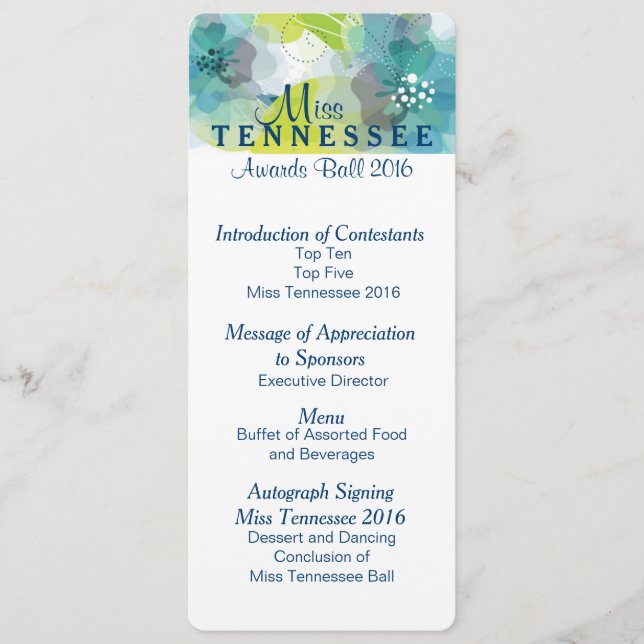 Menu Coutume Floral Pageant Awards Ball Program Card 2 (Devant)