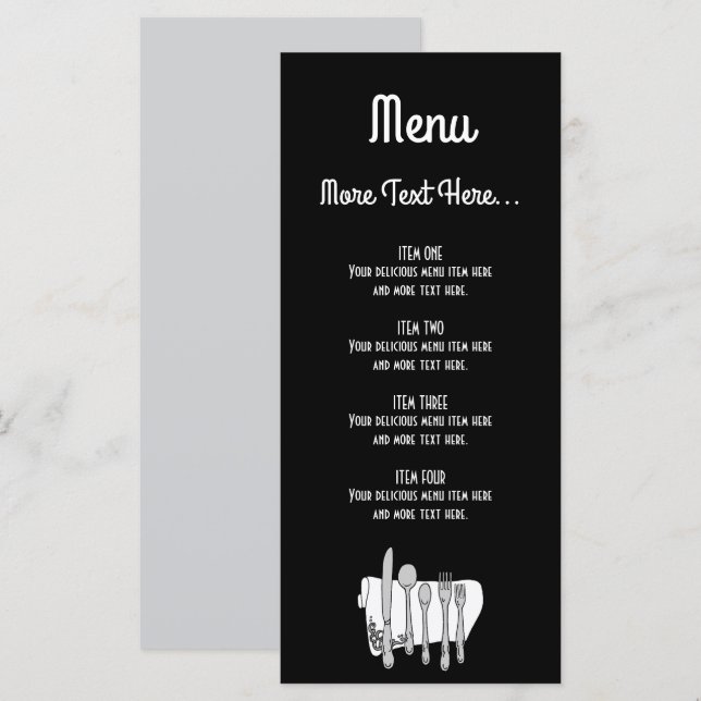 Menu Couverts Noir et Blanc Design éditable 4" x 9" (Devant / Derrière)