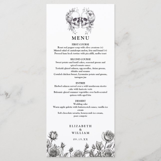 Menu Crânes Floraux Roses Noires Et Blanches Mariage Go (Devant)