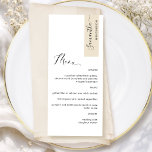Menu Crème Beige Personnalisé avec le nom de l'invité É<br><div class="desc">Pourquoi dépenser pour des cartons de placement et des menus lorsque vous pouvez avoir un menu élégant tout-en-un personnalisé avec le nom de chaque invité ! Design contemporain, simple et élégant avec une belle calligraphie manuscrite moderne. Une bande dans le coin supérieur droit dans une teinte beige crème avec le...</div>