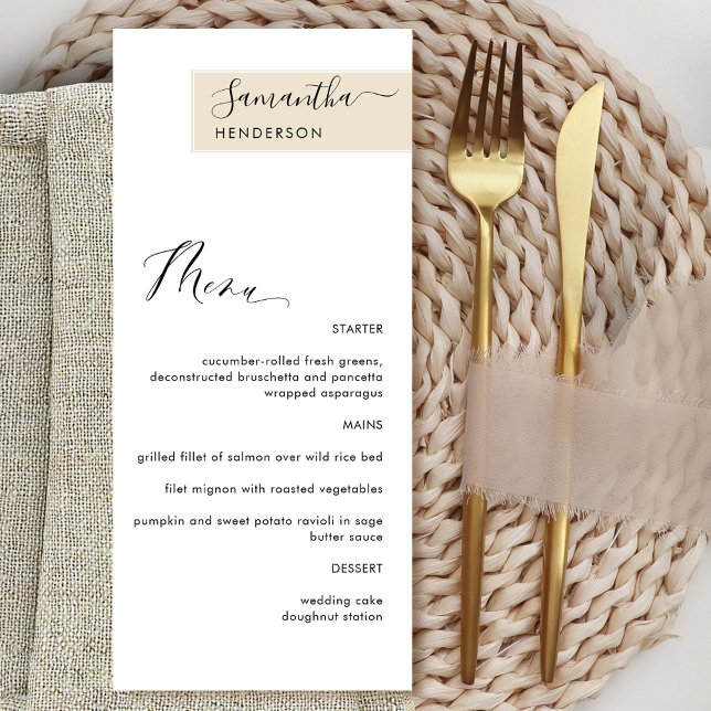 Menu Crème beige personnalisée avec nom de l'invité Élé (Créateur téléchargé)