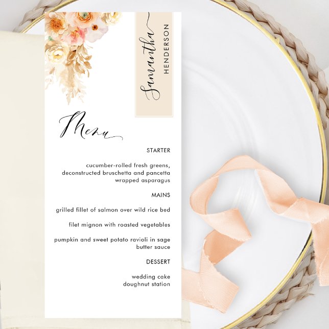 Menu Crème et rose pêche personnalisé avec le nom de l' (Créateur téléchargé)