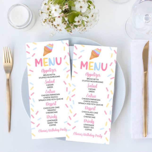 Menu Crème glacée Cone Saupoudrer sucré Anniversaire Fê (Créateur téléchargé)