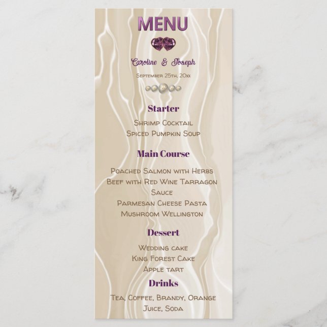 Menu Crème soie violet brillant Mariage de Gems Coeur (Devant)