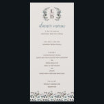 Menu Crest jardin | Eggshell | Mariage de monogramme<br><div class="desc">Ce menu mariage élégant et chic présente des fleurs d'aquarelle peintes dans les tons bleu et rose et est assorti à un motif floral sur le dos. Personnalisez-le avec votre propre texte en utilisant les modèles fournis. La couleur arrière - plan est réglée sur une couleur neutre en coquille d'oeuf,...</div>