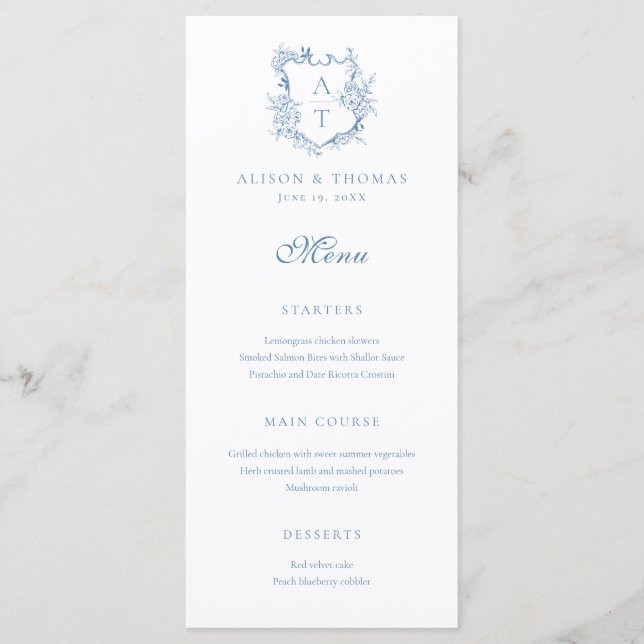 Menu Crest Monogram Vibrant Mariage bleu (Devant)