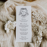 Menu Crête lunaire | Mariage noir et blanc Monogramme<br><div class="desc">Ces élégantes cartes de menu ou cartes de mariage en noir et blanc présentent une illustration en noir dessinée à la main d'une crête mariage avec des chérubins et des fleurs, et vos initiales ou monogrammes au centre. Un écriture manuscrite moderne et un texte noir classique créent un look intemporel....</div>