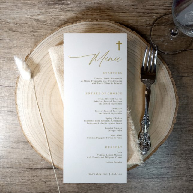 Menu Croix dorée simple élégante Baptême moderne écritu (Elegant gold cross baptism menu with minimalist script and simple modern religious design)