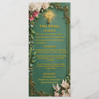 Menu Croix dorée verte émeraude Mariage chrétien 