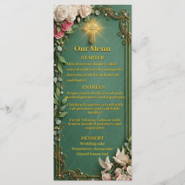 Menu Croix dorée verte émeraude Mariage chrétien  (Devant)