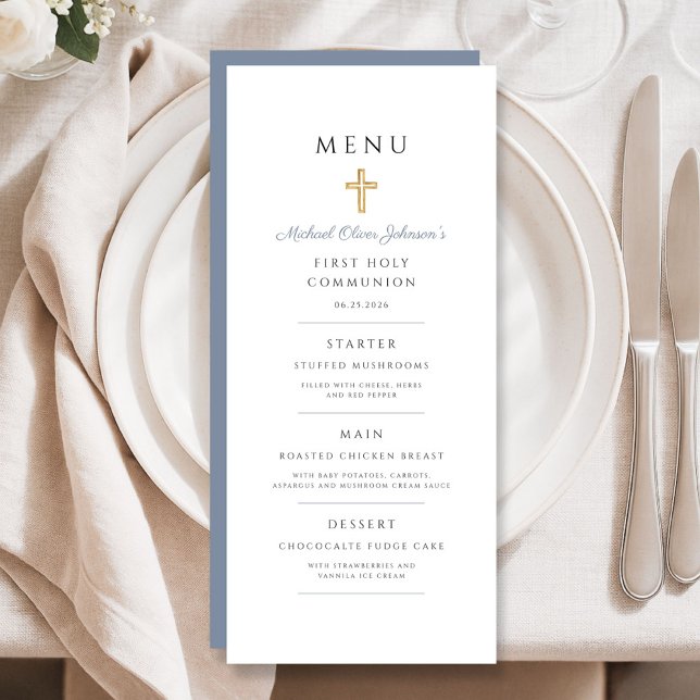 Menu Croix Religieuse Bleu Poussiéreux Garçon Première  (Dusty Blue Religious Cross Boy First Communion Menu)
