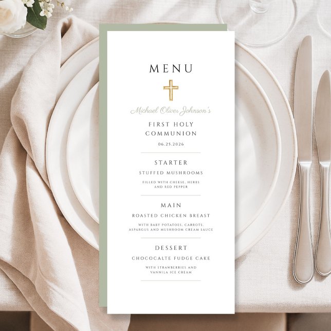 Menu Croix Religieuse Vert Sauge Garçon Première Commun (Sage Green Religious Cross Boy First Communion Menu)