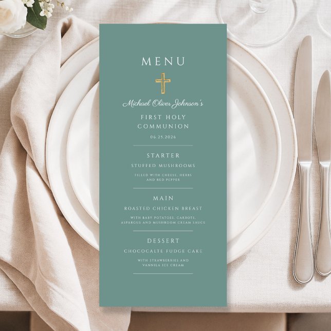 Menu Croix Religieuse Verte Garçon Première Communion (Green Religious Cross Boy First Communion Menu)