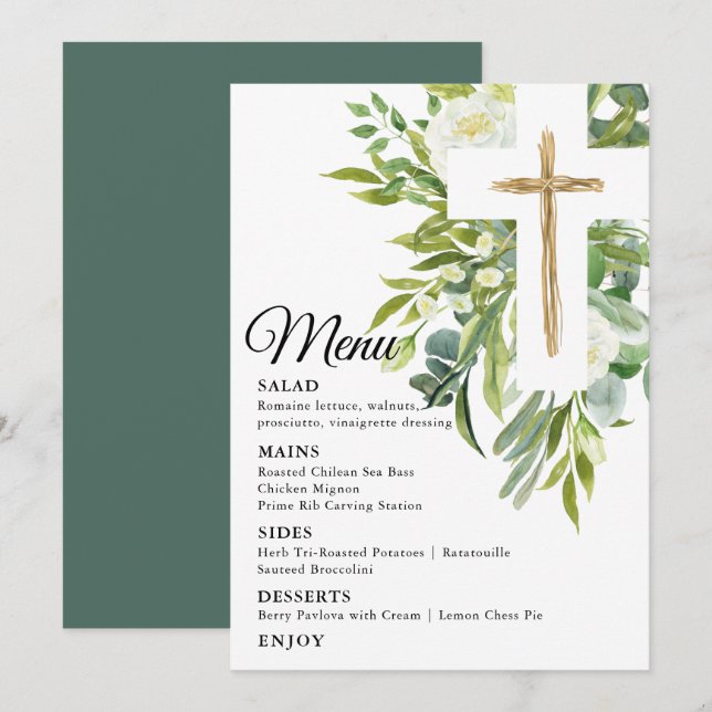 Menu Croix végétale florale Baptême élégant (Devant / Derrière)