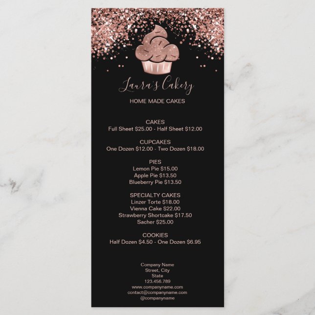 Menu Cupcake Bakery Pastry Chef Glitter Drips Rose Gold (Devant)