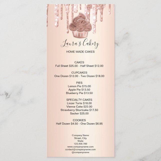 Menu Cupcake Bakery Pastry Chef Glitter Drips Rose Gold (Devant)