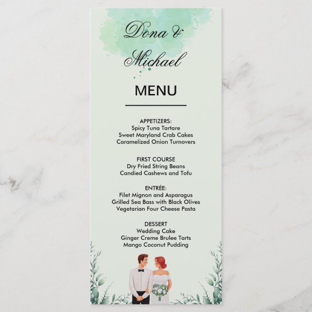 Menu Custom green watercolor flowy wedding (Devant)