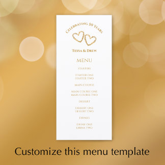 Menu Custom Heart Golden 50th Wedding Anniversary Party