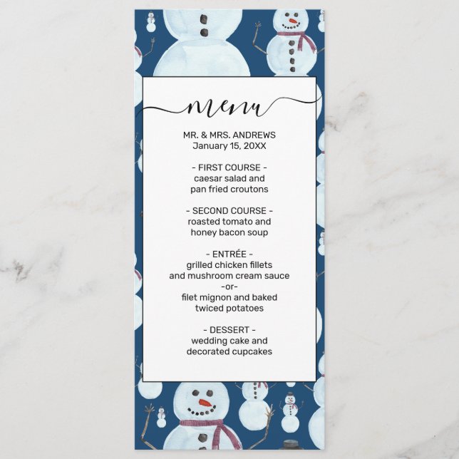 Menu Cute Frosty Blue Snowman Motif d'aquarelle (Devant)