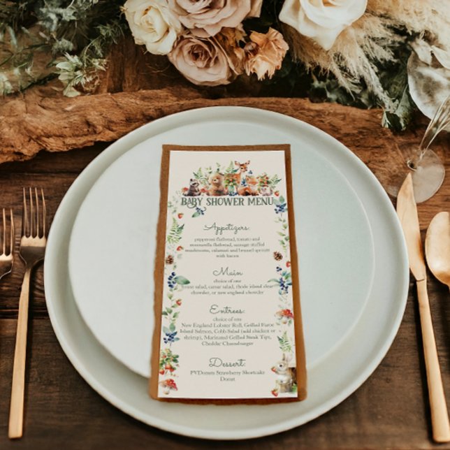 Menu Cute Woodland Animal Adventure Baby shower neutre (Créateur téléchargé)