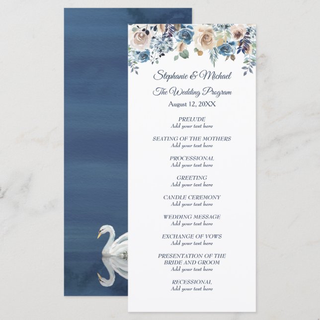 Menu Cygne floral blanc sur le mariage bleu (Devant / Derrière)