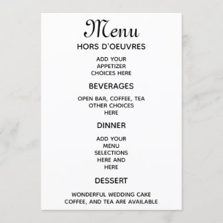 Menu d'accueil de mariage simple