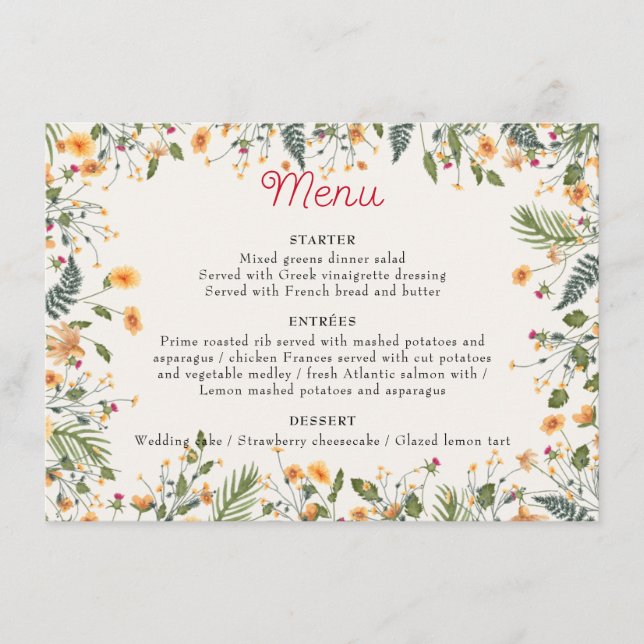 Menu Daffodiles botaniques Daisy Peony Flowers Mariage (Devant)