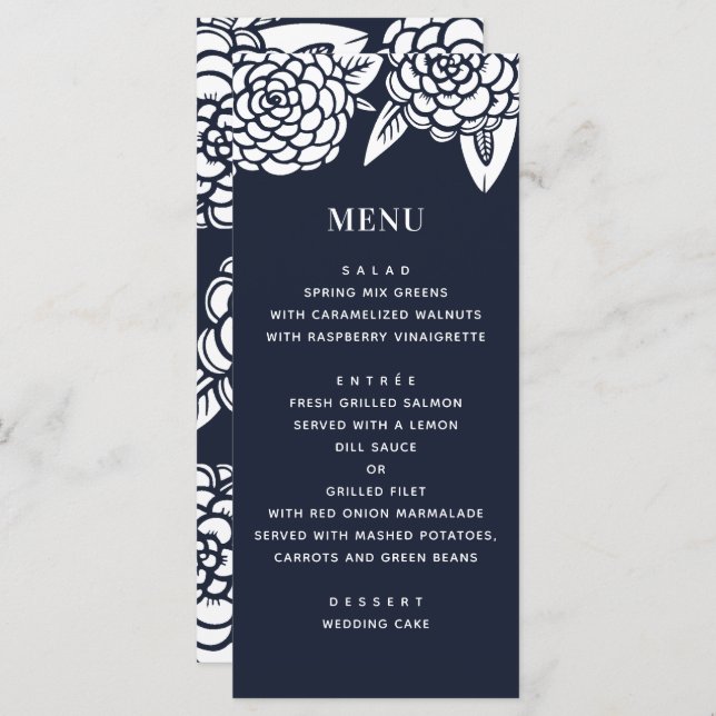 Menu Dahlia. Mariage moderne floral de la marine. Bleu (Devant / Derrière)