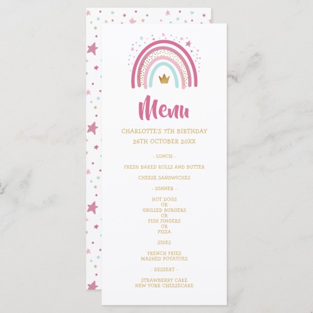 Menu d'anniversaire à thème Rainbow (Devant / Derrière)