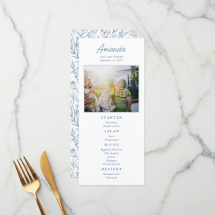 Menu d'anniversaire bleu floral élégant personnali