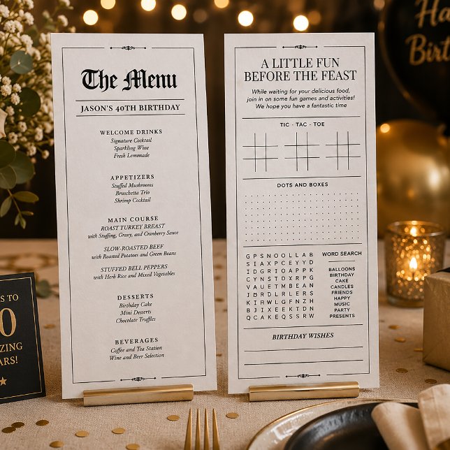 Menu d'anniversaire personnalisé, interactif noir  (Custom Birthday Menu, Black White Interactive Menu)