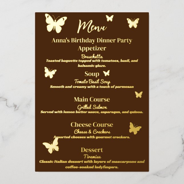 Menu d'anniversaire sur le thème du papillon brun (Recto)