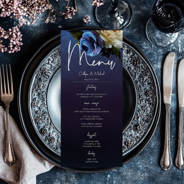 Menu Dark Moody Blue Lavender Floral Moderne Mariage (Dark Moody Blue Lavender Floral Modern Wedding Menu)