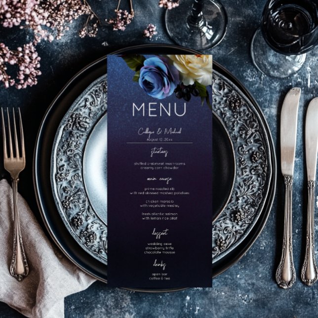 Menu Dark Moody Blue Lavender Floral Moderne Mariage (Dark Moody Blue Lavender Floral Modern Wedding Menu)