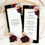 Menu Dark Moody Bourgogne Blush Floral Mariage or<br><div class="desc">Personnalisez cette élégante carte menu mince de mariage facilement et rapidement. Cliquez simplement sur le bouton Modifier à l'aide des outils de conception pour modifier le texte, modifier les polices et les couleurs des polices. Avec de belles fleurs de pivoines rousses réalistes bordeaux contre un arrière - plan noir foncé....</div>